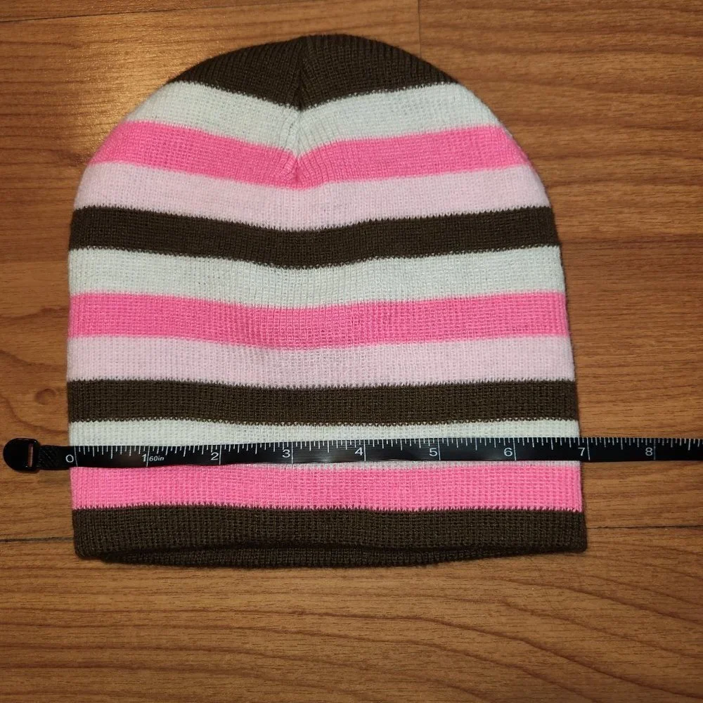 Faded Glory Girls Pink & Brown Stripped Hat Beanie Stocking Trapper Hat